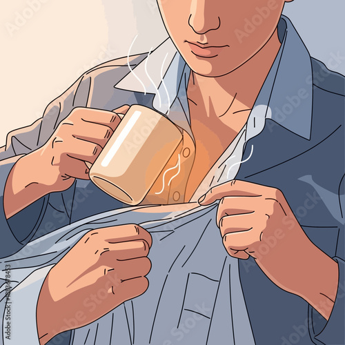 Person spilling hot coffee on shirt, steam rising from mug.