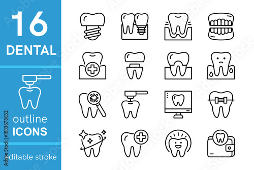 Dental editable stroke outline icons set. Stomatology line icon collection. Dentistry and healthy teeth vector illustration
