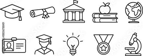 Set of black line icons representing higher education and academic learning including graduation cap, diploma, books, school building, globe, open book, online course, student, laboratory flasks, and 