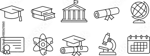 Set of black line icons representing higher education and academic learning including graduation cap, diploma, books, school building, globe, open book, online course, student, laboratory flasks, and 