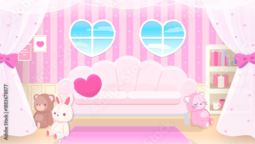 バレンタインデーに使えるハートの窓の可愛い部屋の背景素材 ピンク昼