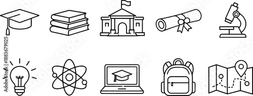 Set of black line icons representing higher education and academic learning including graduation cap, diploma, books, school building, globe, open book, online course, student, laboratory flasks, and 