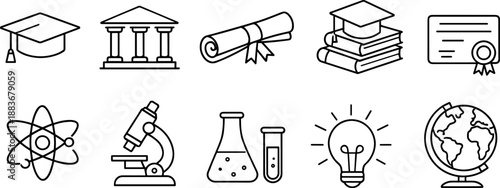 Set of black line icons representing higher education and academic learning including graduation cap, diploma, books, school building, globe, open book, online course, student, laboratory flasks, and 
