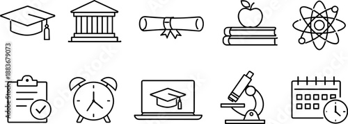 Set of black line icons representing higher education and academic learning including graduation cap, diploma, books, school building, globe, open book, online course, student, laboratory flasks, and 