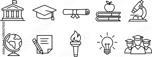 Set of black line icons representing higher education and academic learning including graduation cap, diploma, books, school building, globe, open book, online course, student, laboratory flasks, and 
