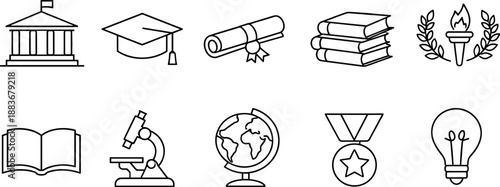 Set of black line icons representing higher education and academic learning including graduation cap, diploma, books, school building, globe, open book, online course, student, laboratory flasks, and 
