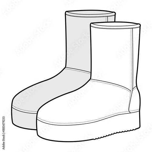 Winter mid boot women sketch pair. Flat fleece lined boot for cold weather city outfit and relaxed weekend wear. Technical fashion illustration CAD mockup vector man unisex isolated classic style.