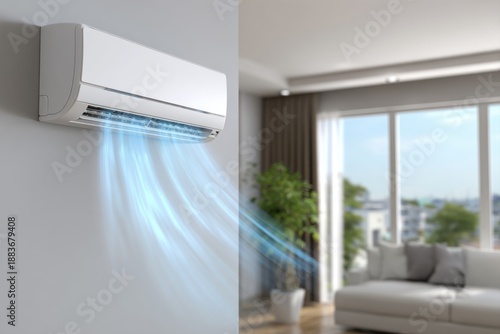 Modern split AC unit on a wall, releasing blue cold air into a comfortable, sunlit apartment interior.