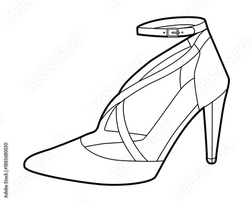 Ankle strap stiletto shoe women single sketch. Strappy dress sandal shoe for cocktail, summer night event. Technical fashion illustration, CAD mockup, clean vector men unisex isolated classic style.