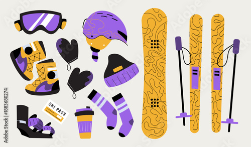 Vector set of ski and snowboard gear including skis, boots, helmet, goggles, gloves, poles and accessories. Winter sports equipment for skiing, snowboarding, resort activities and outdoor recreation