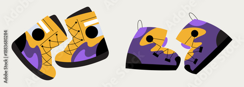 Vector illustration of snowboard boots. Winter sports footwear for snowboarding, mountain riding and alpine resorts. Isolated design for sport gear, equipment and outdoor activity concepts
