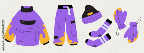 Vector set of winter ski and snowboard clothing including jacket, pants, gloves, socks and beanie. Isolated apparel for snow sports, cold weather, outdoor activity and alpine vacation