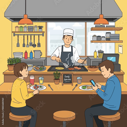 Chef cooking food at counter with customers eating and one looking at phone