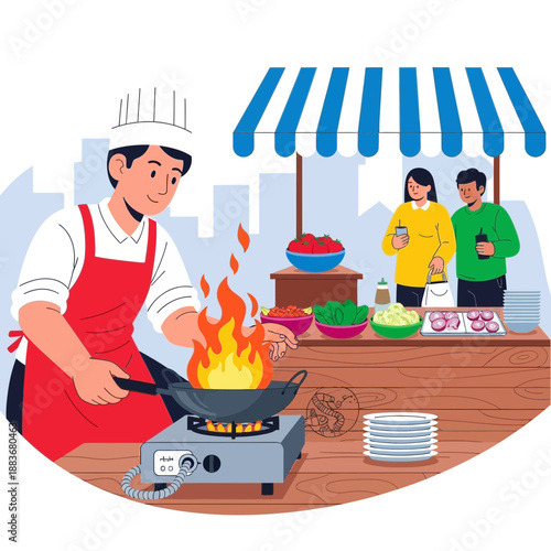 Chef cooking food in wok at street food stall with customers