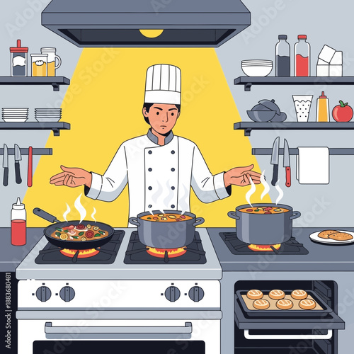 Chef cooking in kitchen with multiple dishes on stove and oven