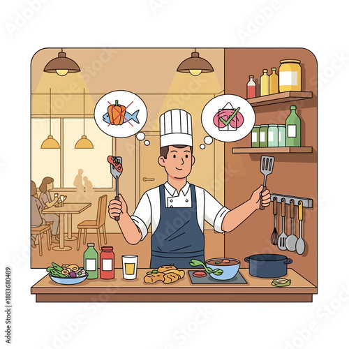 Chef Deciding Meal Choice: Fish or Vegetables