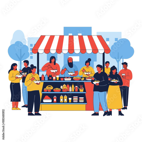 Street food stall with people eating outdoors