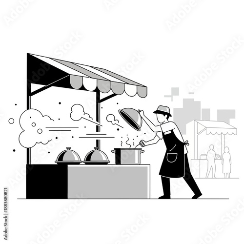 Street food vendor cooking at stall with steam rising, urban background