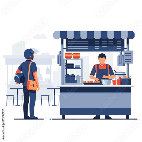 Street Food Vendor Serving Customer at Outdoor Stall