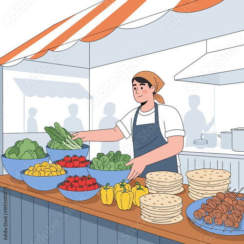 Street food vendor serving fresh ingredients and skewers