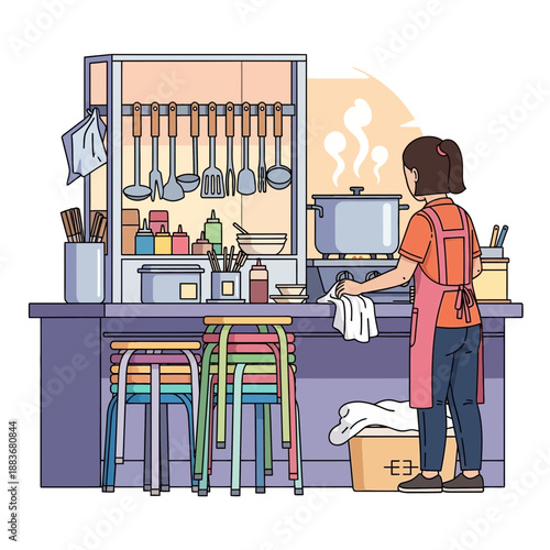 Woman cleaning kitchen counter near stove with pot, cartoon illustration