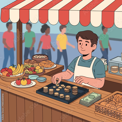 Street vendor counting money at fruit and pastry stall with customers in background