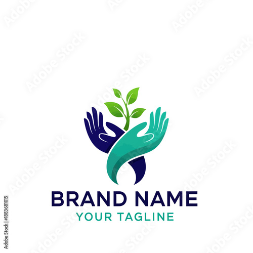 Hands Holding Green Plant Logo Design.