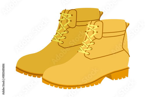 Yellow padded collar work boot women color pair. Lug sole lace boot for city chores travel and relaxed outfit. Technical fashion illustration CAD mockup vector man unisex isolated contemporary style.