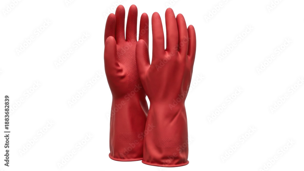 Obraz premium Wearing red rubber gloves for cleaning tasks in a home kitchen environment during daytime
