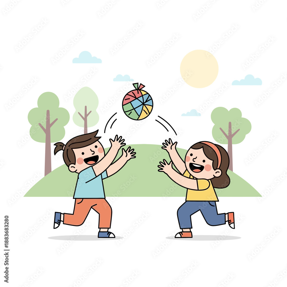 Fototapeta premium Children playing catch with a colorful ball in a park