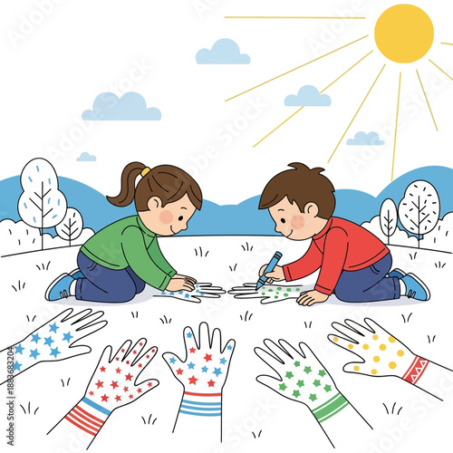 Children drawing on hands in park, creativity, summer day, outdoor activity