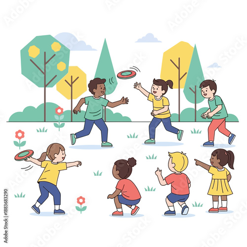 Children playing frisbee in a park, diverse group, summer outdoor activity