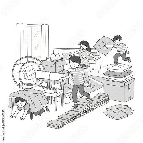 Children playing in a room filled with moving boxes and furniture