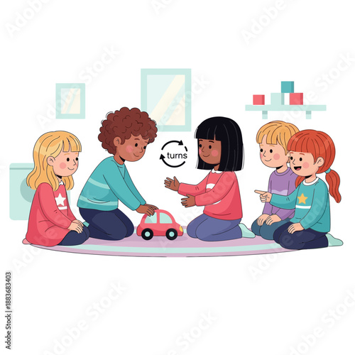 Children playing with toy car, learning to share and take turns