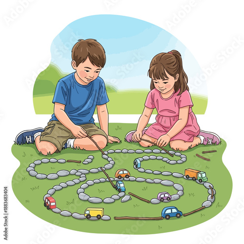Children playing with toy cars and a stone road on grass