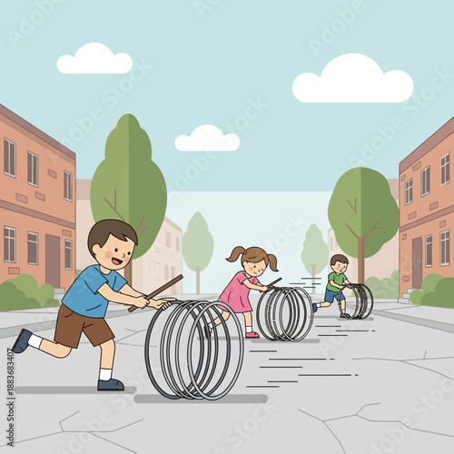 Children rolling large hoops down a street, playful outdoor activity