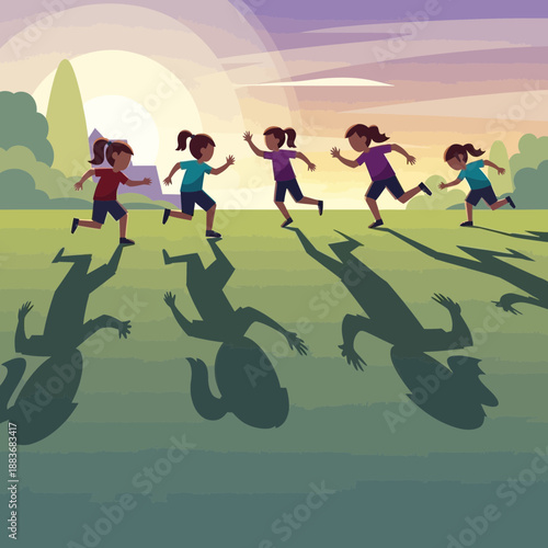 Children running in field with long shadows, sun setting