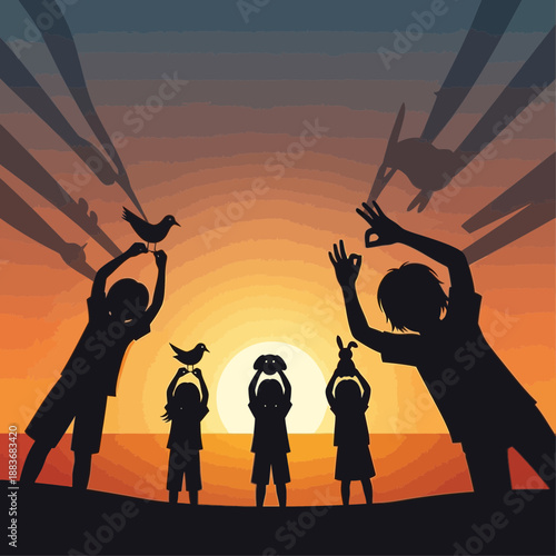 Children silhouetted against a sunset, playing with birds and shadows