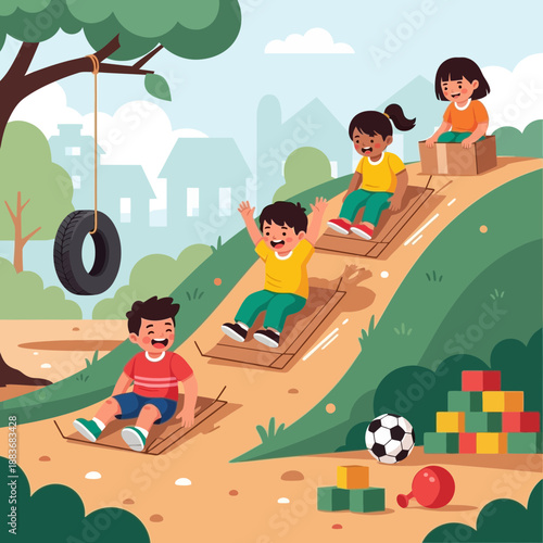 Children Sliding Down Hill Playground Fun