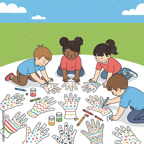 Children's art project: kids decorating handprints with crayons and glitter outdoors