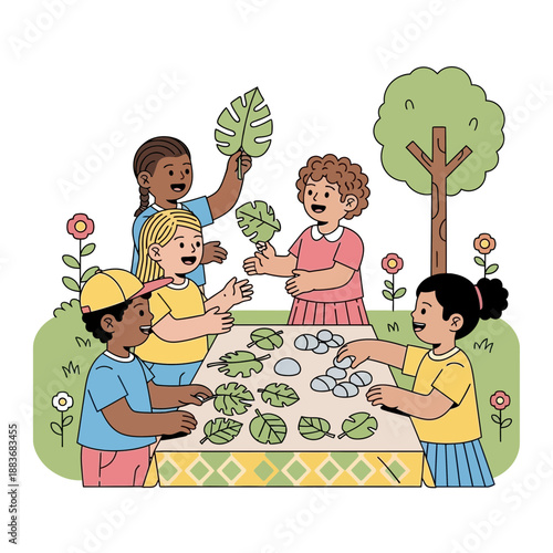 Diverse children learning about nature outdoors