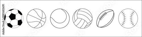 Sport Ball icons set. Balls for Football, Soccer, Basketball, Tennis, Baseball, Volleyball. Vector illustration..