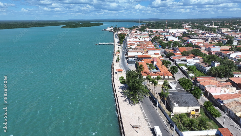 Naklejka premium Camocim Village At Camocim In Ceara Brazil. Beach Skyline. Coreau River Landscape. Summer Travel. Camocim Village At Camocim In Ceara Brazil. Tropical Scenery.