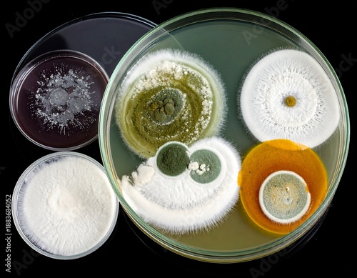 Close-up laboratory shot of petri dishes with various colorful fungi colonies, showcasing textures and patterns
