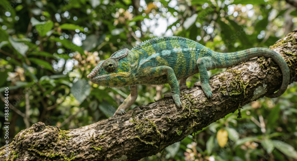 Fototapeta premium Green Chameleon Walking on Mossy Branch