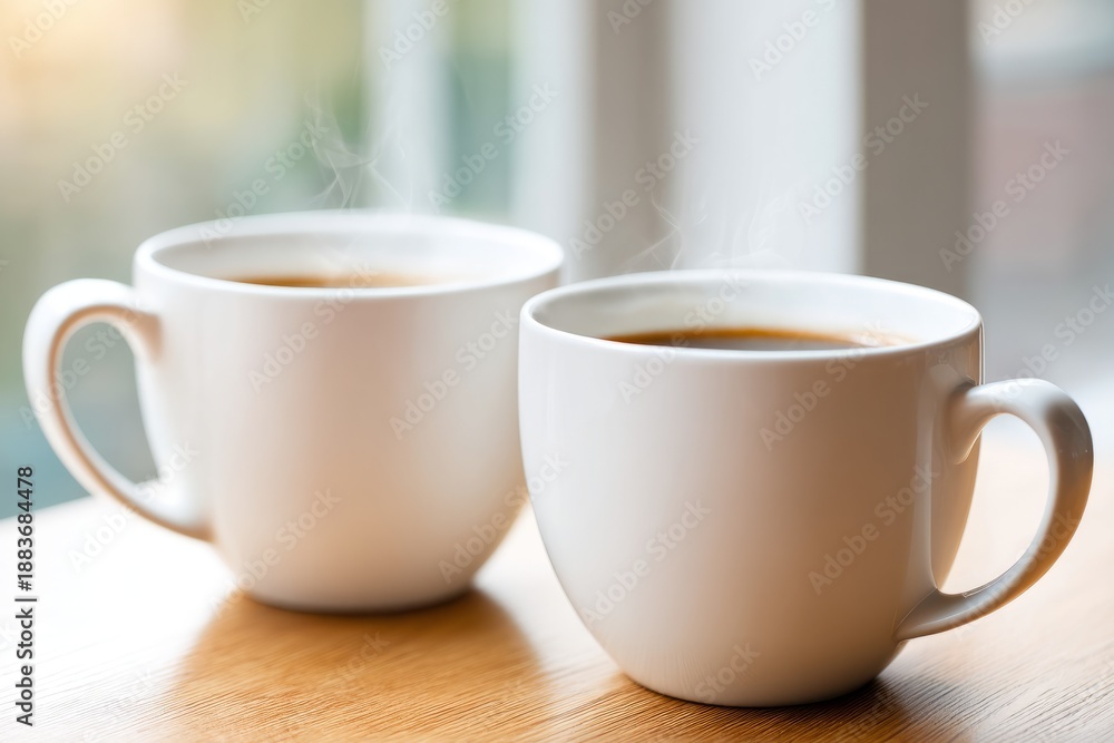 Obraz premium Warm Coffee Cups on Cafe Table by Window with Steam Rising in Morning Light