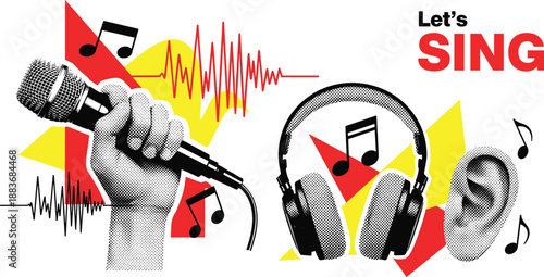 A hand holding a microphone with headphones and an ear beside sound waves and music notes