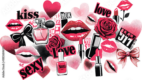 A vibrant collage of lips, roses, and beauty products arranged to convey a sense of love and sensuality from a direct viewpoint.
