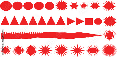 Collection of red geometric shapes and abstract designs arranged in a grid pattern on a plain surface from a directly overhead viewpoint