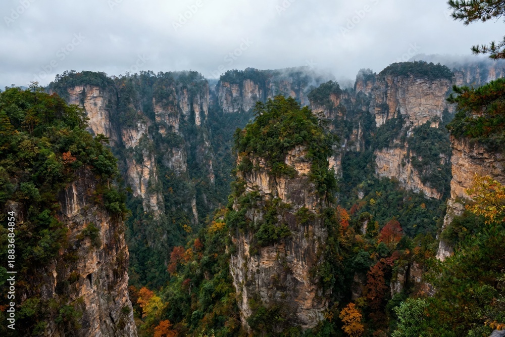 Fototapeta premium Majestic forest-covered rock formations rise dramatically in a misty mountain landscape